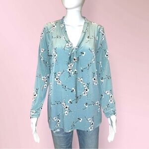 Karl Lagerfeld • Tie Front Floral Blouse, Blue, Large